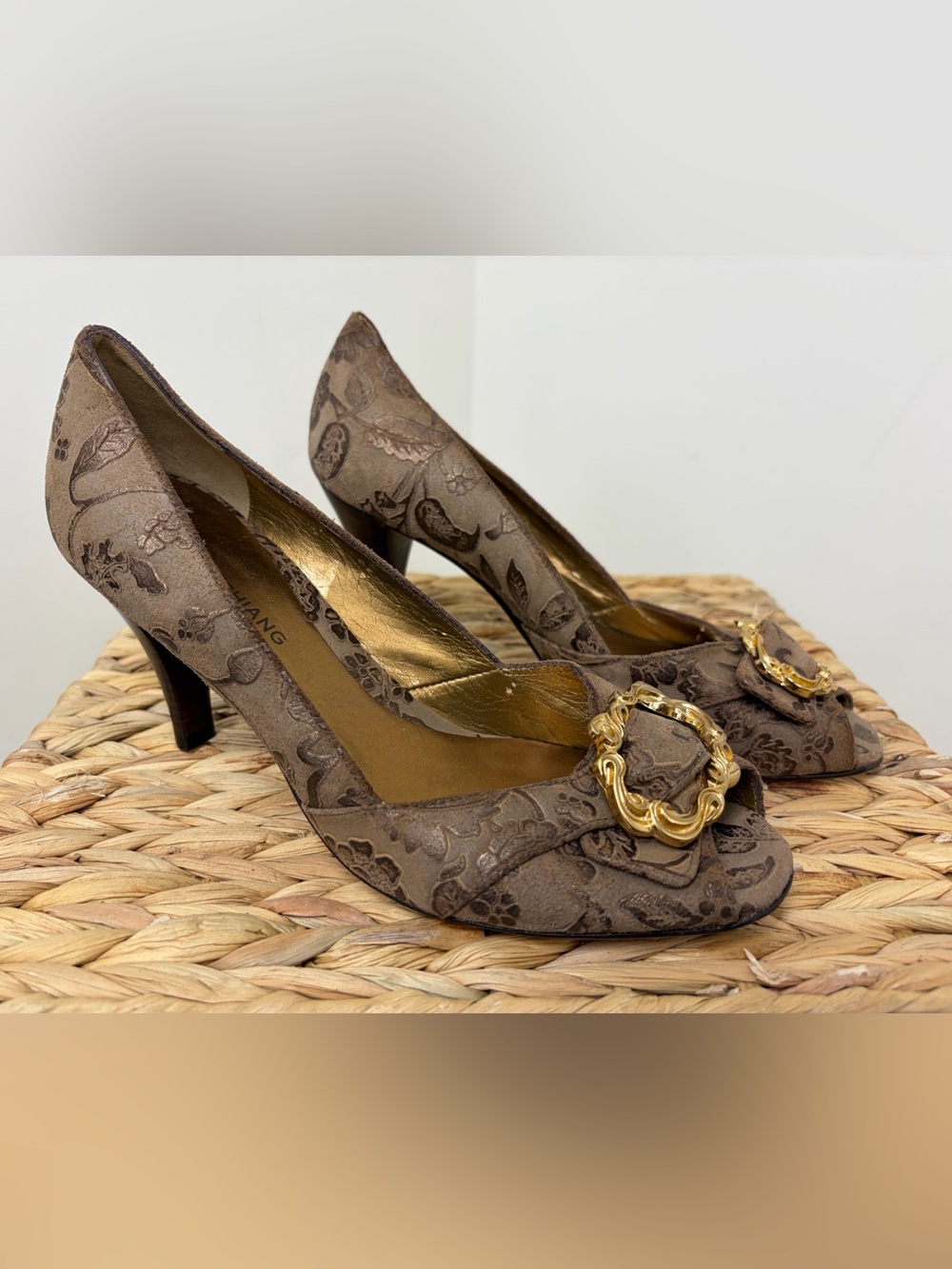 Arturo Chiang Brown Floral Embossed Pumps with Gold Decorative Buckle